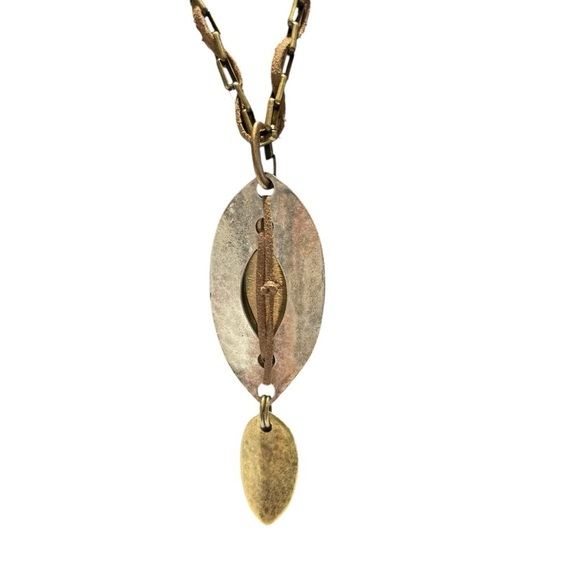 Chico’s Gold and Silver Leaf Pendant Necklace w/ leather gold chain - Picture 3 of 10